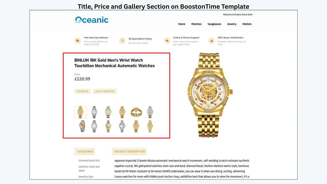 BoostonTime template showing product title, price, watch gallery, and product description