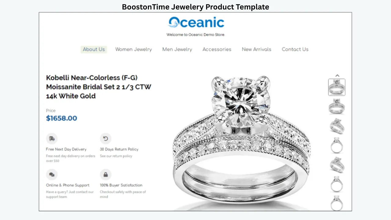BoostonTime jewelry product template displaying a Kobelli moissanite bridal ring set