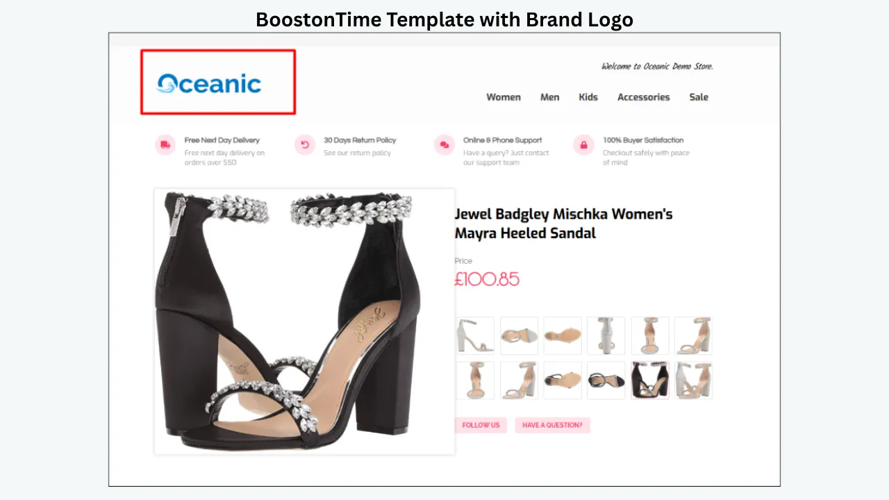 BoostOnTime eBay product template featuring a custom Oceanic brand logo, navigation menu, product image gallery, pricing, and buyer service information.
