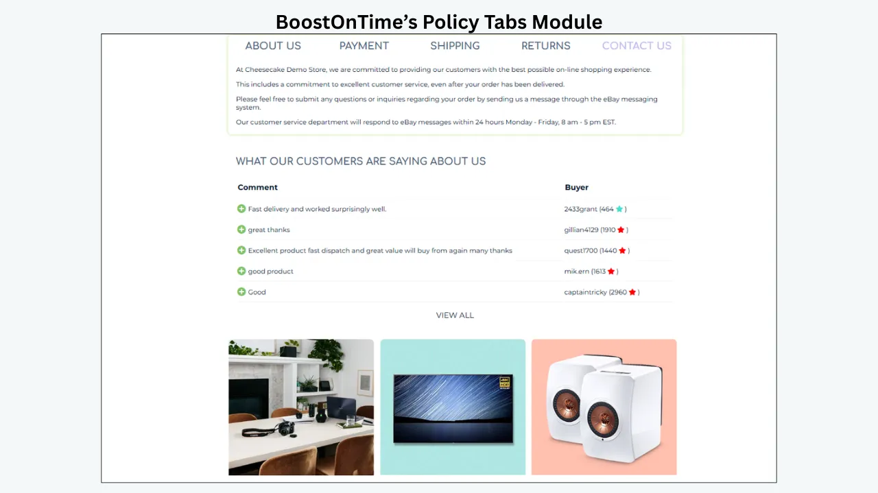 BoostOnTime template showing policy tabs, customer reviews, and product images