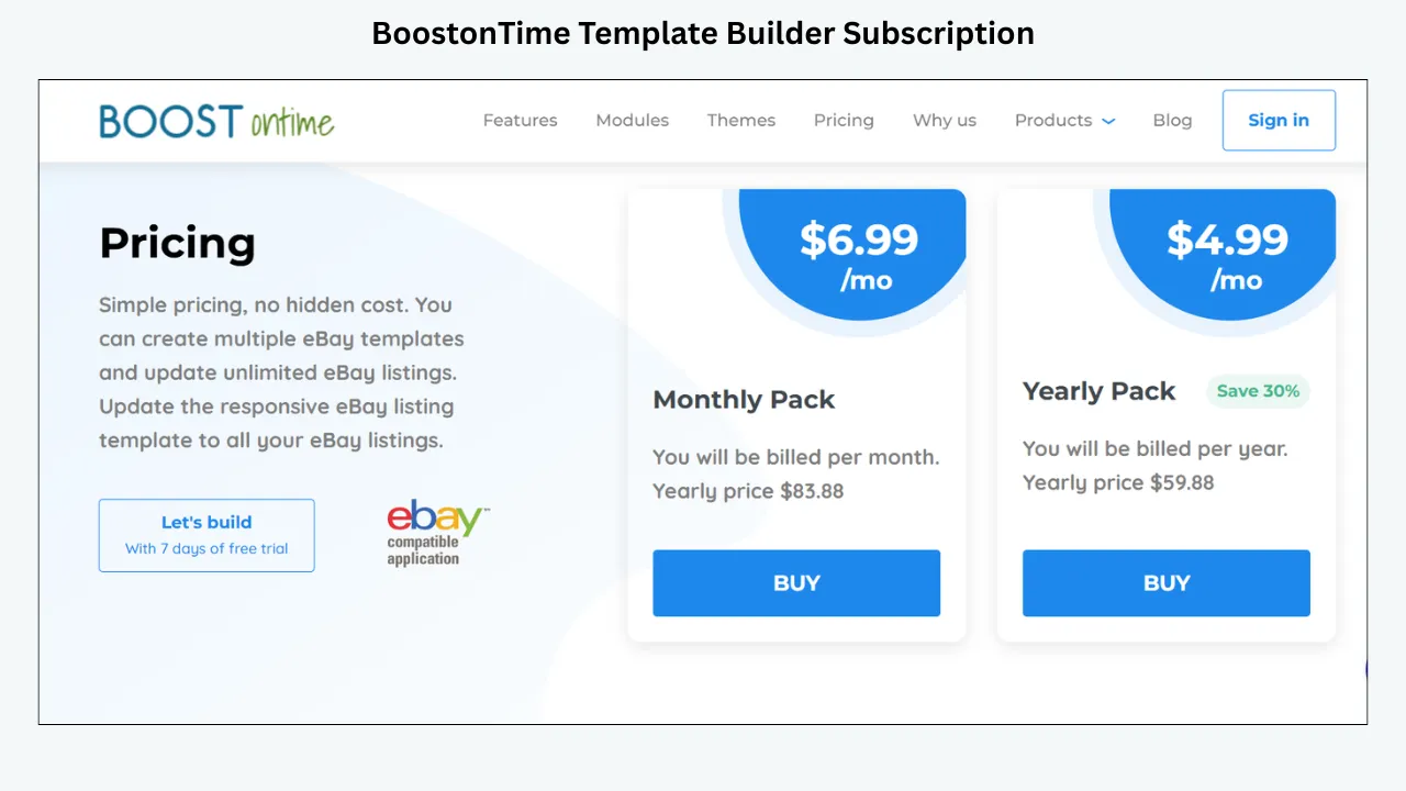 BoostonTime Template Builder subscription pricing page with monthly and yearly eBay template plans
