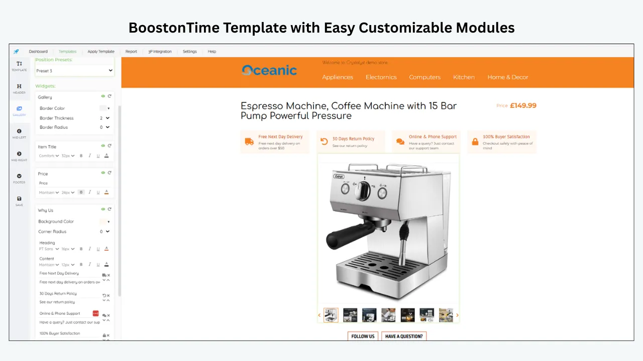 BoostonTime customizable eBay template builder showing product gallery, pricing, and widget settings