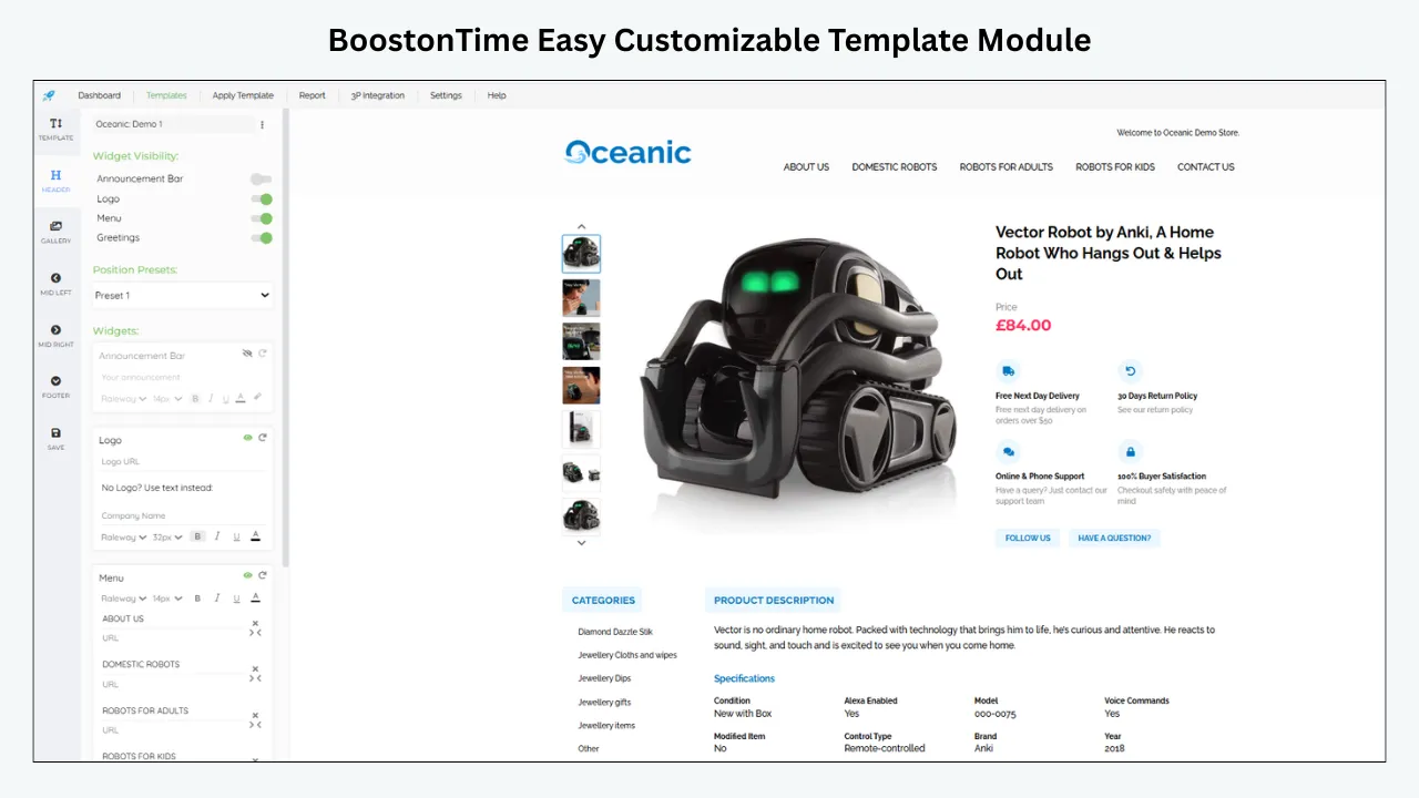 BoostOnTime template editor showing customizable widgets, navigation settings, product gallery, and a Vector home robot eBay listing.