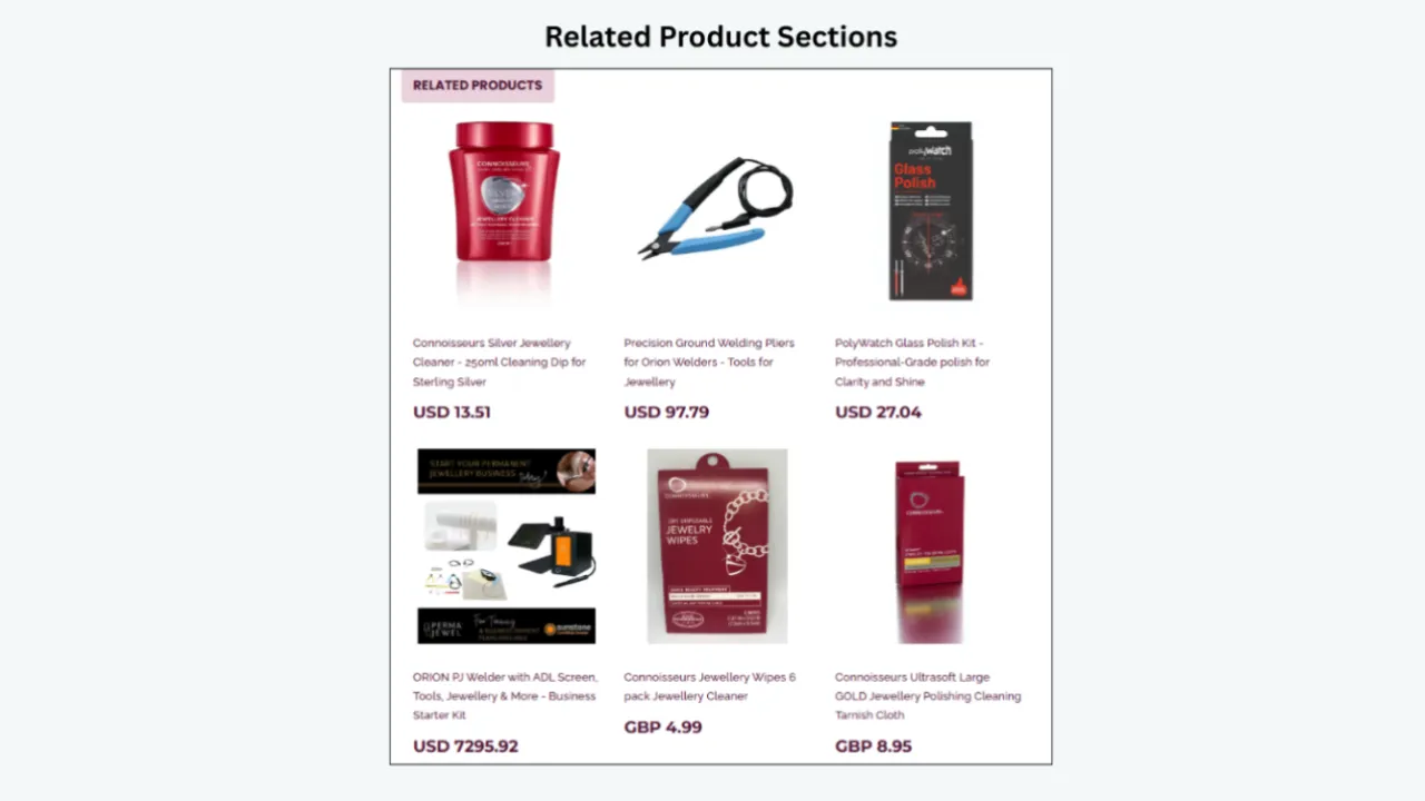 BoostOnTime Related Product Sections displaying jewelry cleaning products, tools, and accessories