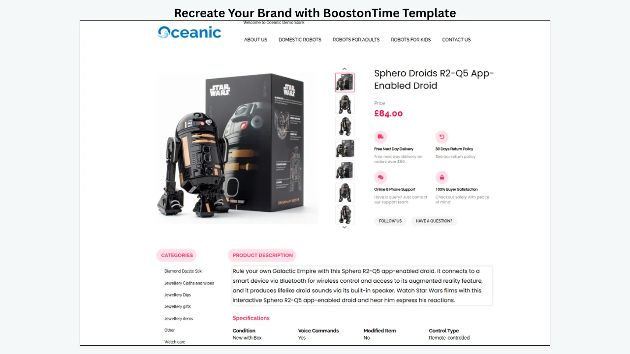 BoostOnTime template showing branded product page with logo, navigation, images, and description