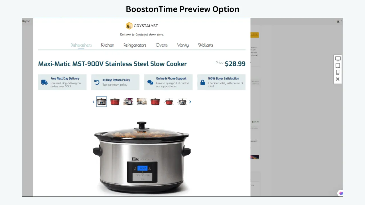 BoostOnTime Preview Option showing an eBay product template with a slow cooker and responsive preview controls
