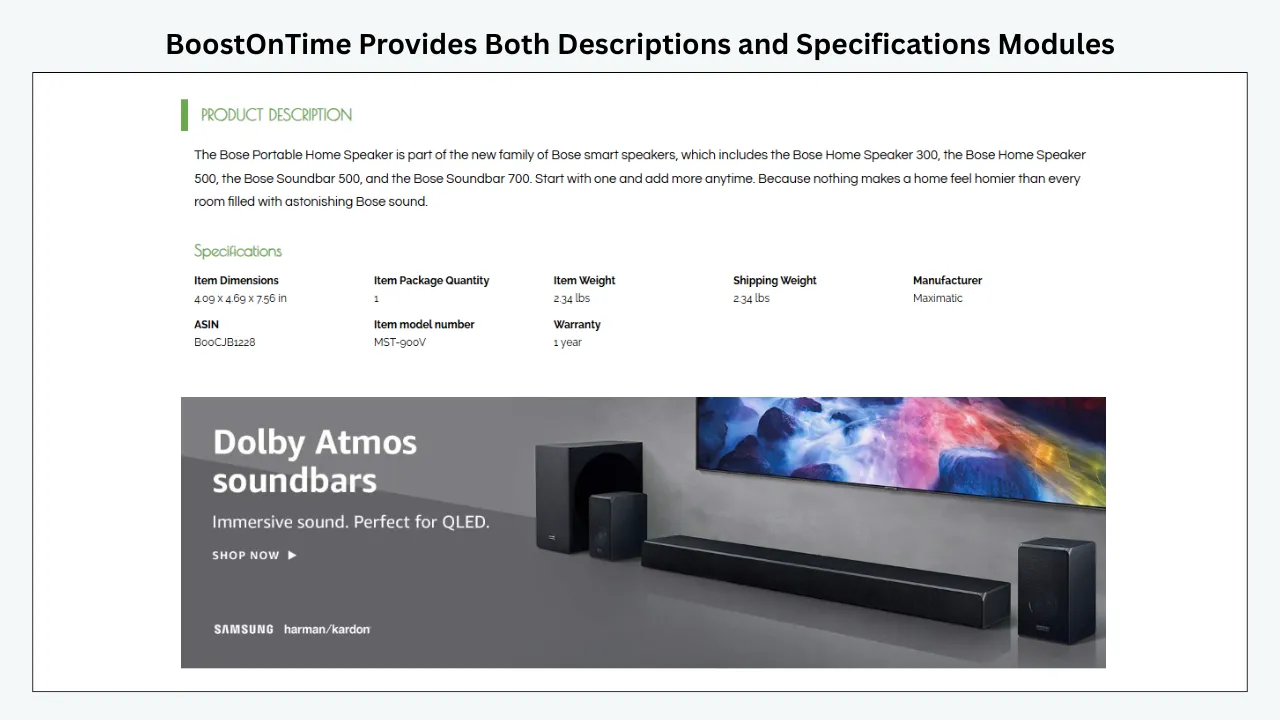 BoostOnTime template displaying product description, specifications, item details, and a Dolby Atmos soundbar banner