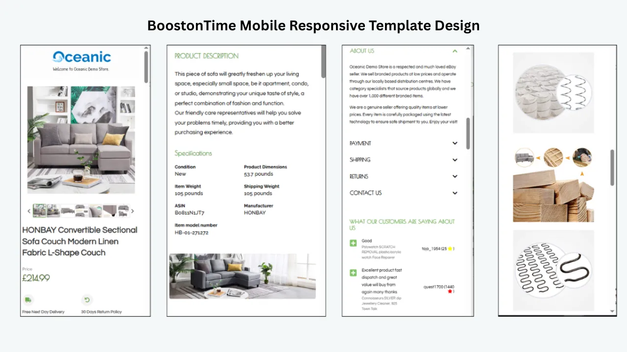BoostOnTime mobile responsive eBay template shown on multiple smartphone screens with product details