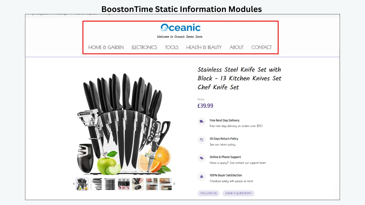 BoostOnTime Static Information Modules displaying navigation, product details, and buyer support options