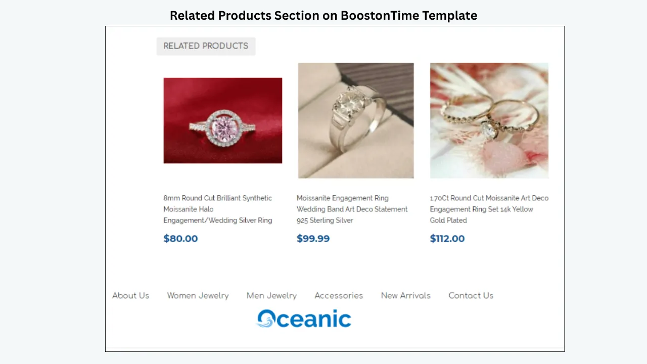 BoostOnTime template related products section showing jewelry items with images, titles, and prices