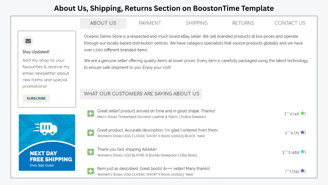 BoostOnTime template About Us section with store info, customer reviews, and shipping details