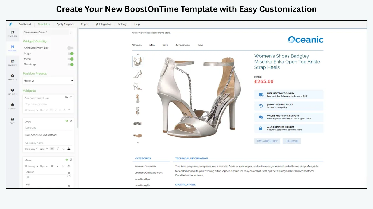 BoostOnTime template builder showing easy customization panel and live product page preview
