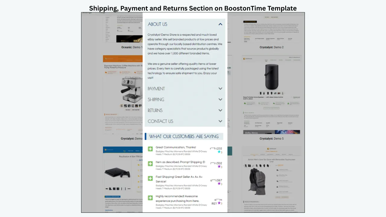 BoostonTime template showing Shipping, Payment, Returns, and About Us sections with customer reviews