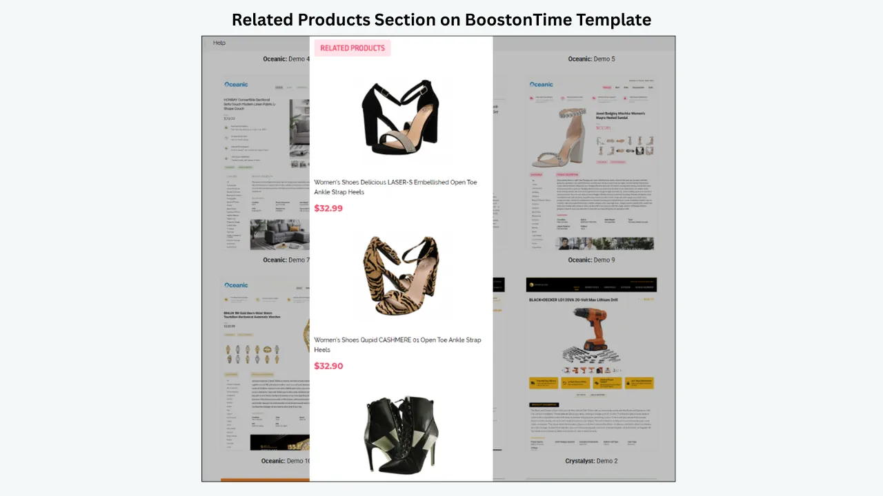 BoostonTime template showing related products section with women’s shoes recommendations