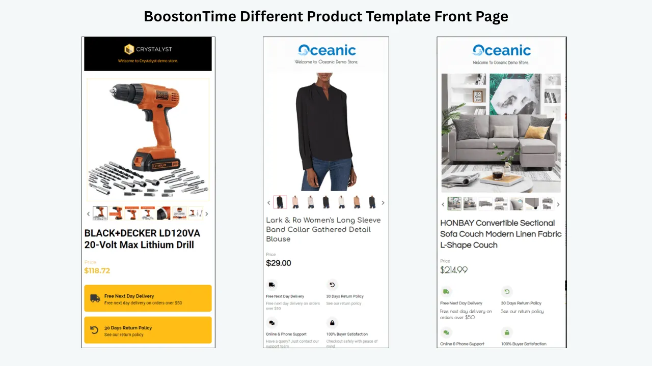 BoostonTime product template front pages featuring a drill, women’s blouse, and sectional sofa