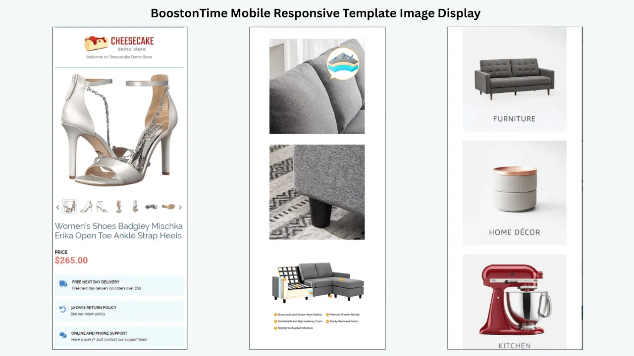 BoostonTime mobile responsive template displaying shoes, sofa details, and furniture category images