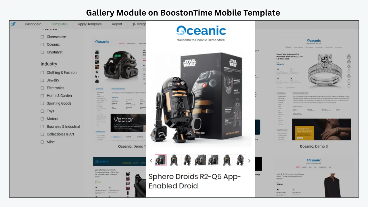 BoostonTime mobile template gallery module showing product images and responsive design