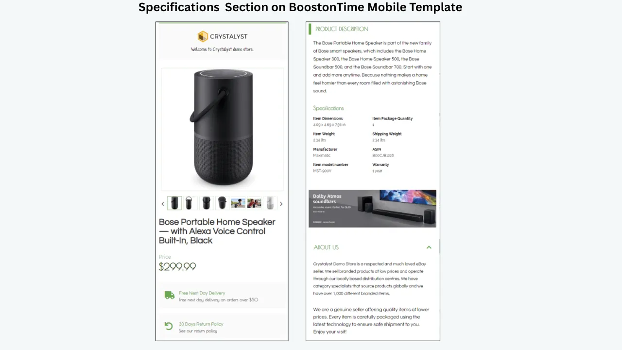 BoostonTime mobile template showing product specifications, description, and About Us sections