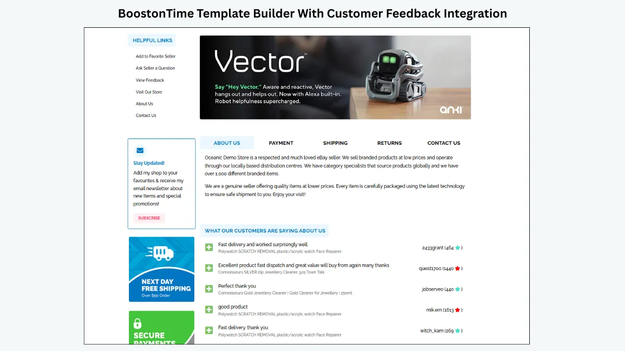 BoostonTime eBay template showing customer feedback, helpful links, and seller information