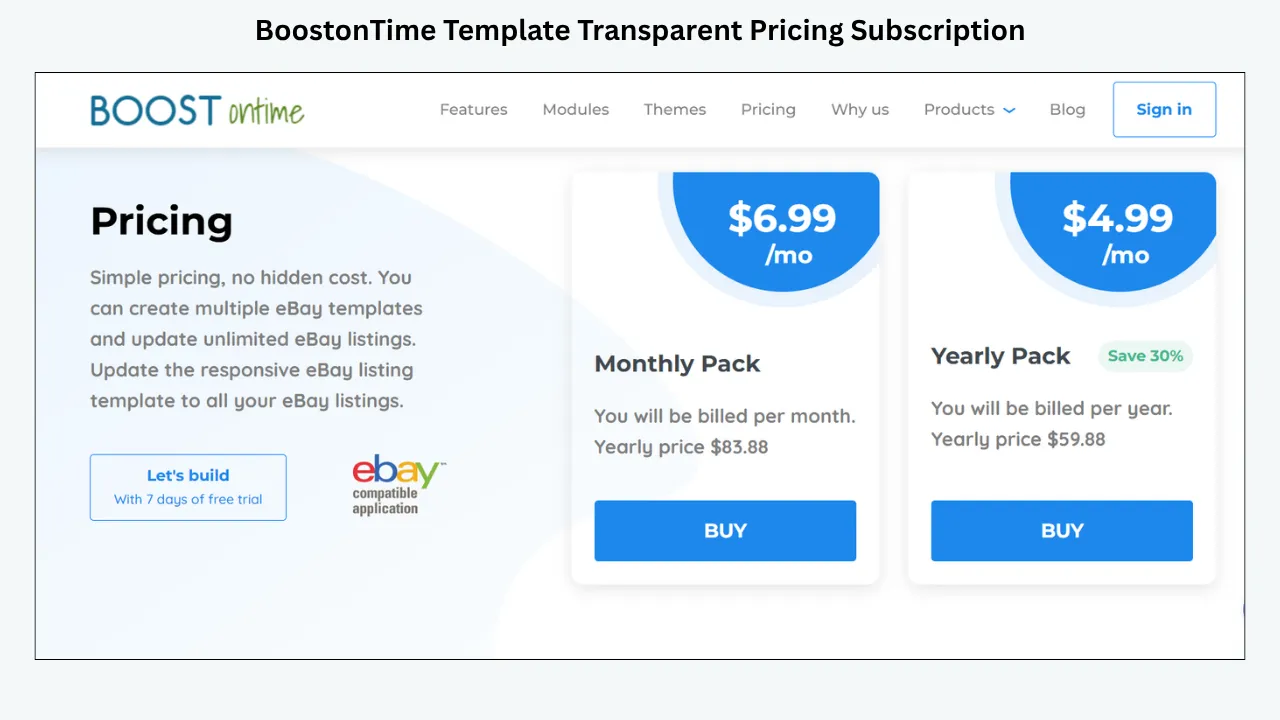 BoostOnTime pricing page showing monthly and yearly subscription plans with clear costs