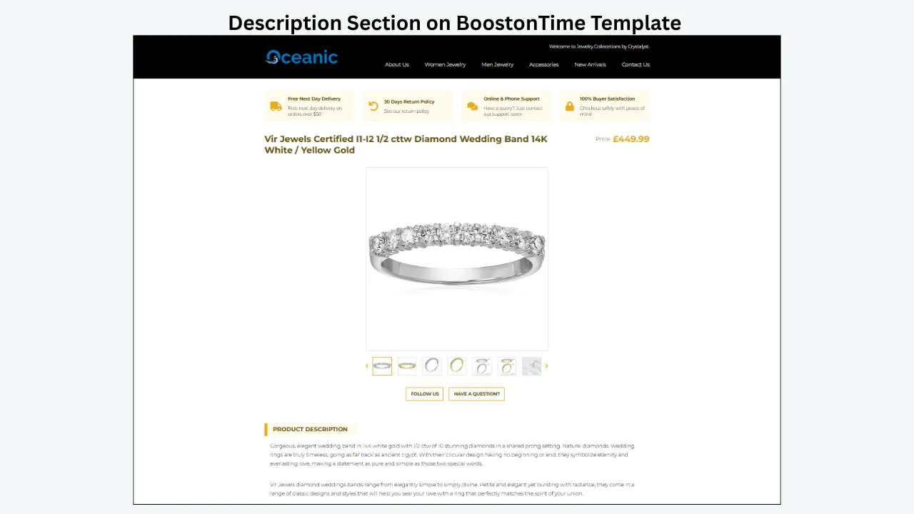 BoostonTime product template displaying a diamond wedding band with product description