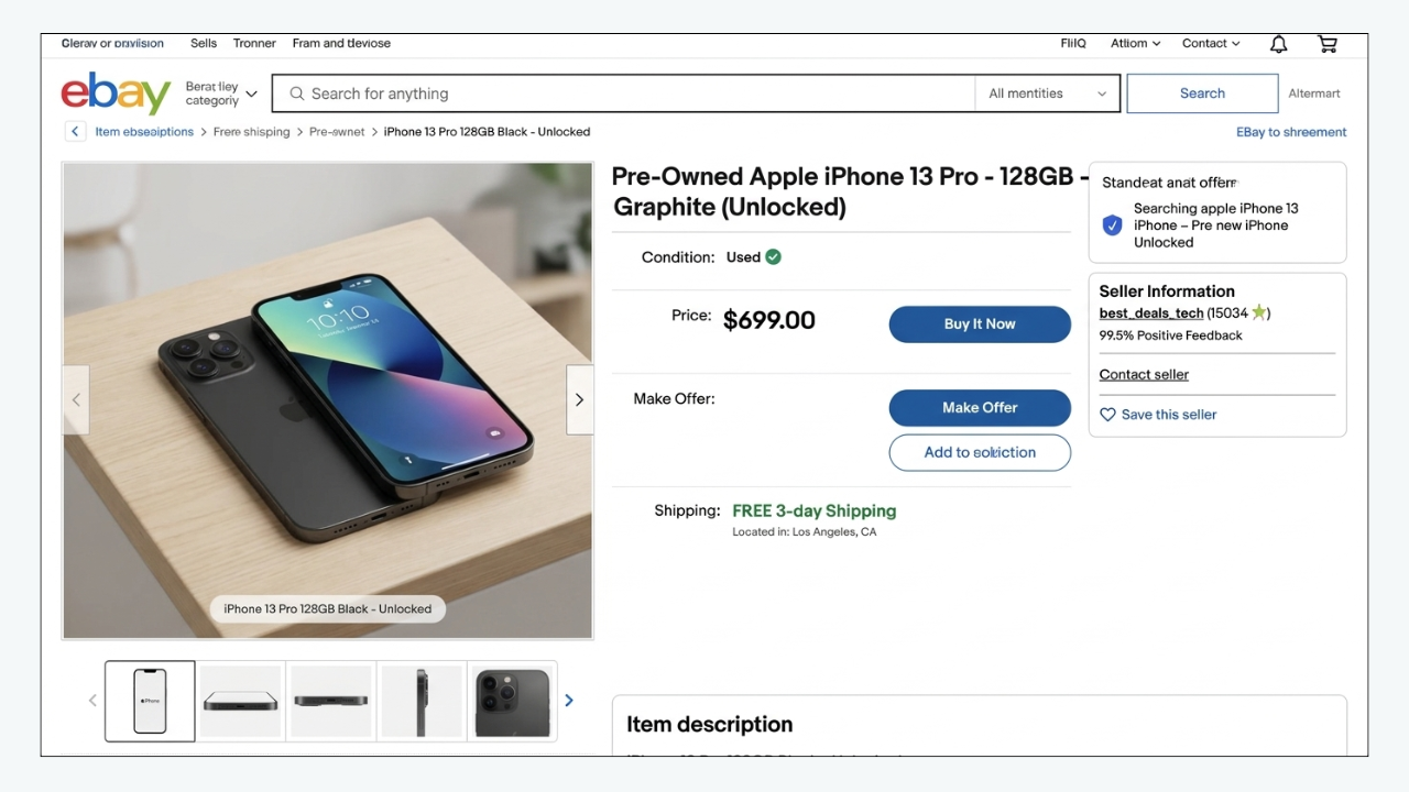 eBay iPhone 13 Pro listing showing product price, free shipping, and seller information