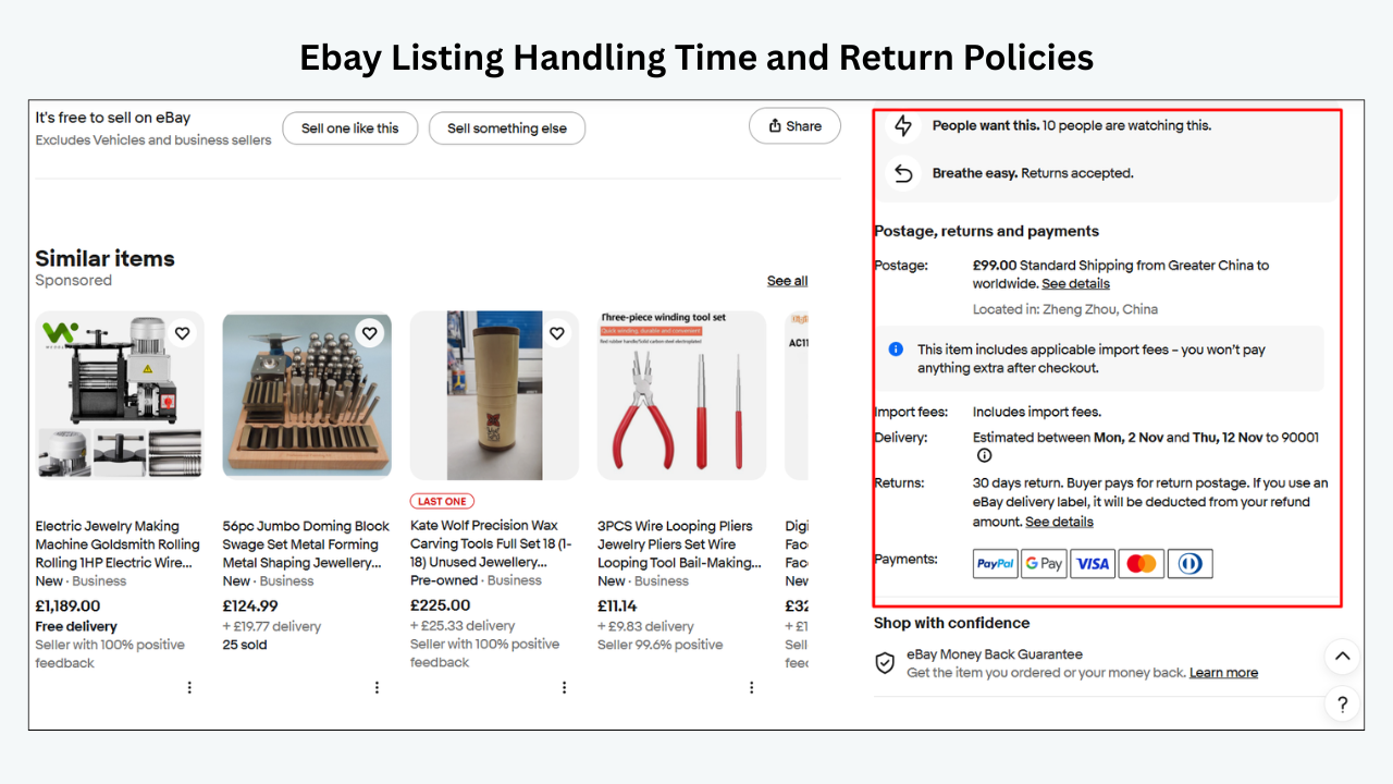 eBay listing showing shipping costs, handling time, and return policies