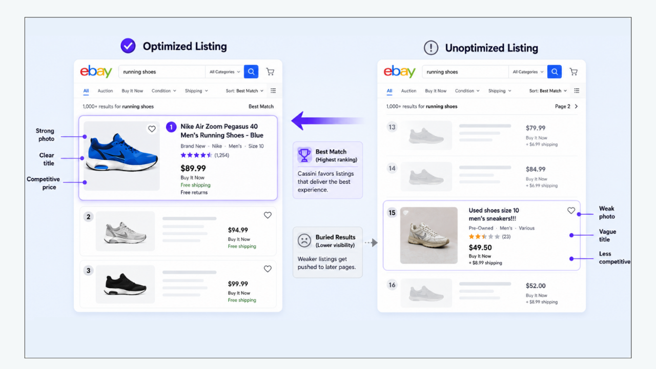 Optimized vs. unoptimized eBay listings for better Cassini search rankings.