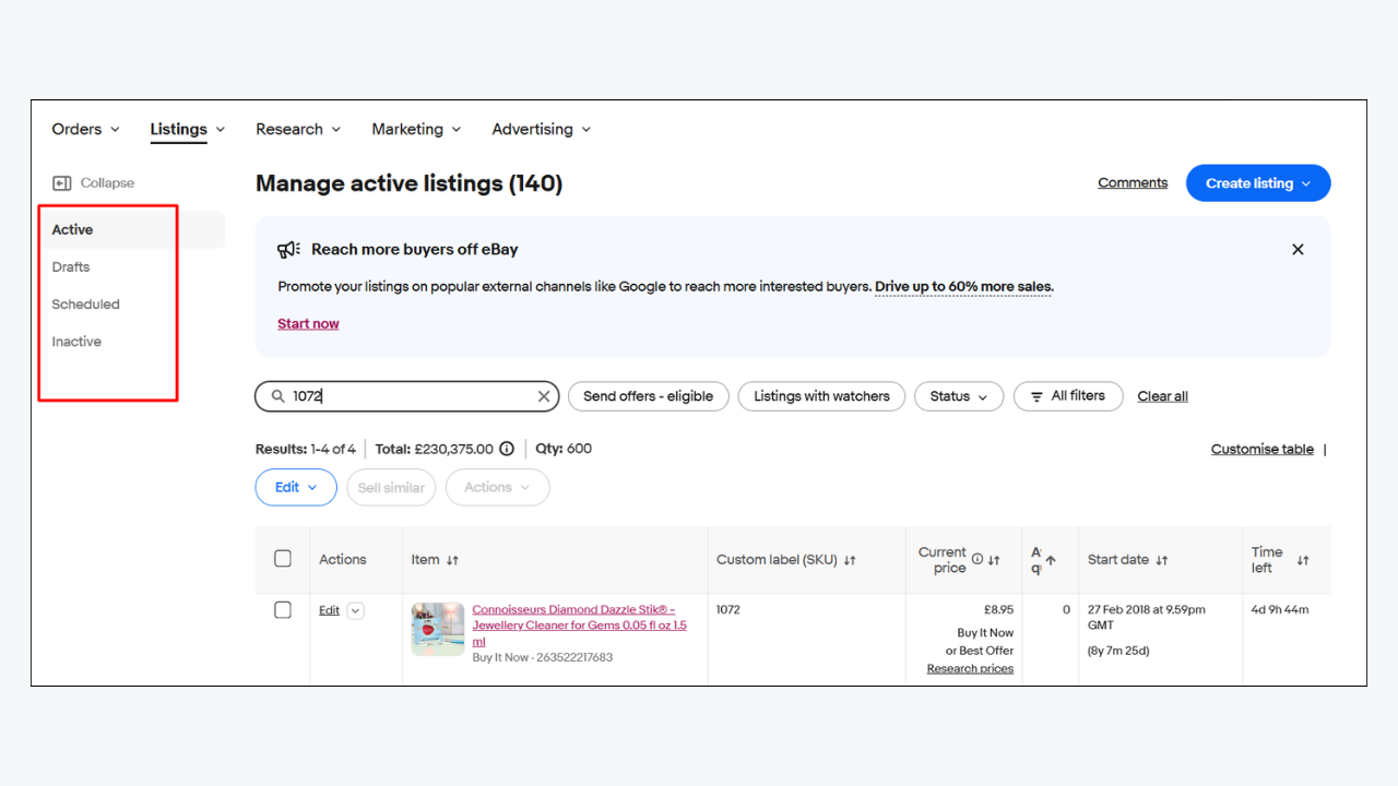 eBay Seller Hub active listings dashboard showing listing status filters and product management options.