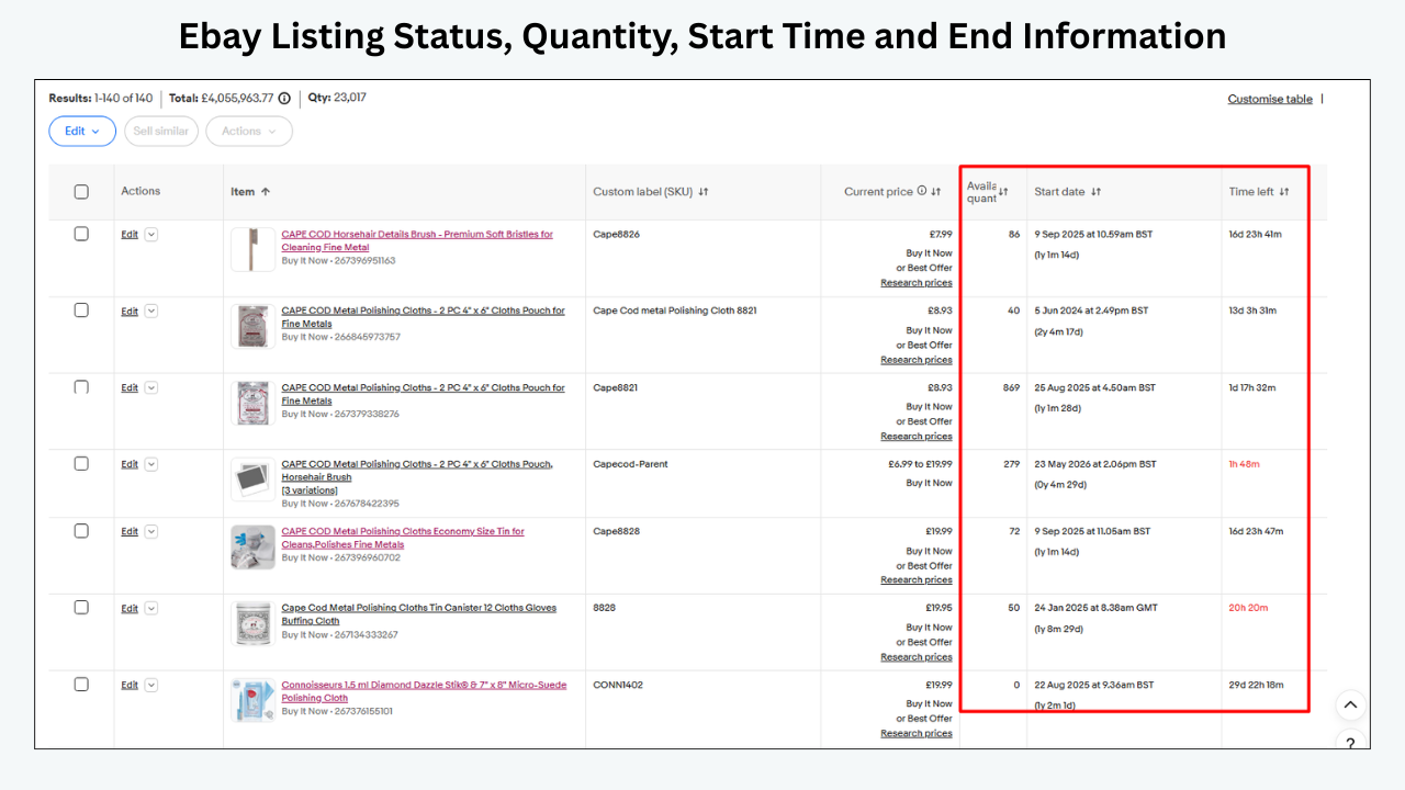 eBay Seller Hub showing listing status, available quantity, start date, and time remaining