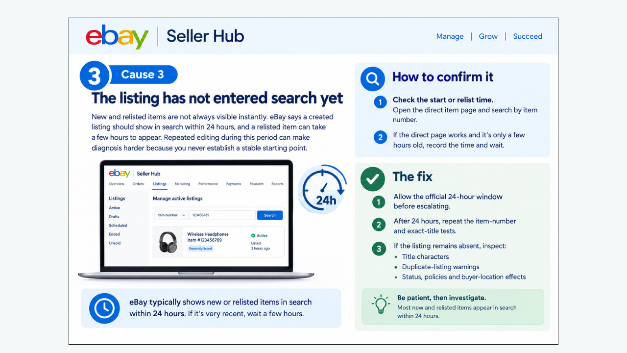 eBay Seller Hub showing why a new or relisted item may not appear in search results immediately