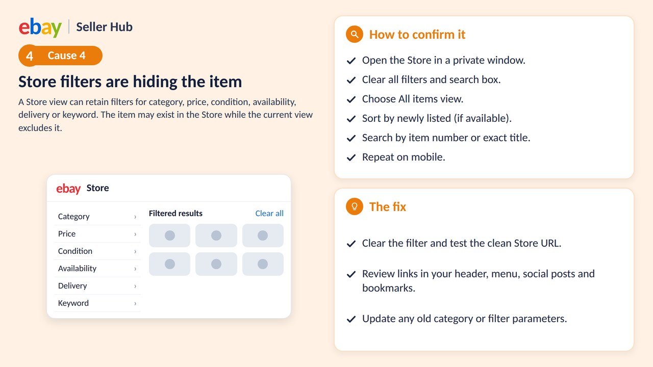 eBay Store filters hiding listings and steps to fix product visibility.