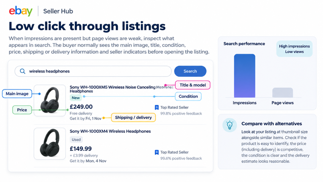 eBay listing optimization guide showing low click-through rates, product images, titles, pricing, and shipping details.