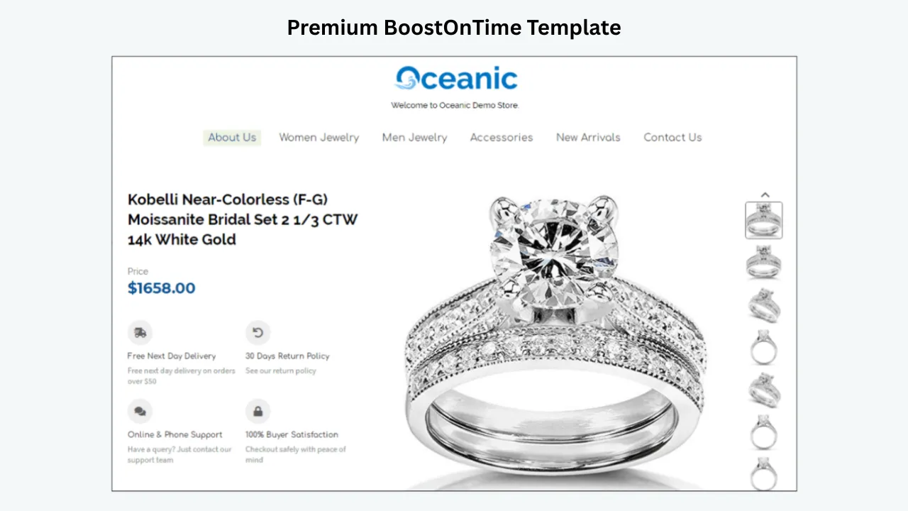 Premium BoostOnTime Template featuring a moissanite bridal ring product page with pricing and buyer support details
