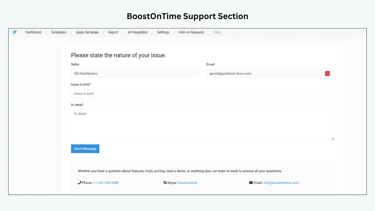 BoostOnTime support section with seller issue submission form and customer support contact options