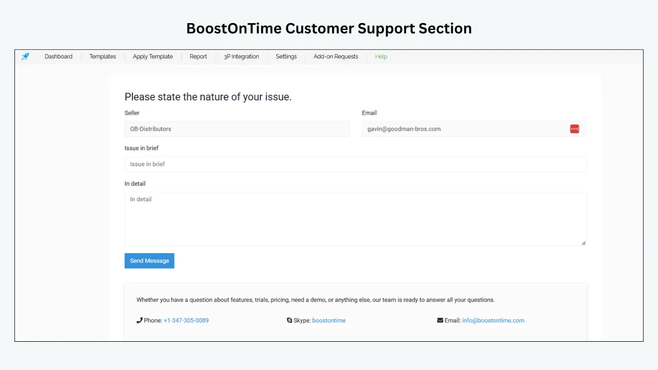 BoostOnTime Customer Support Section with issue details form and contact options