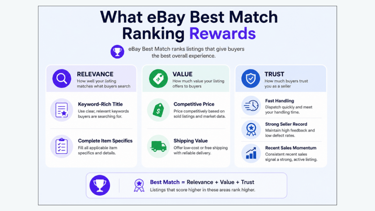 eBay Best Match ranking factors for relevance, value, and seller trust