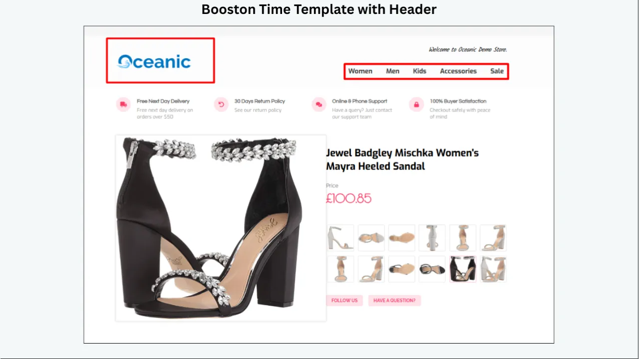 BoostOnTime Template with Header featuring a store logo, navigation menu, product gallery, and customer service information