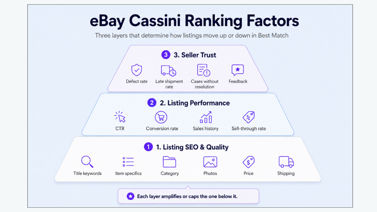 eBay Cassini ranking factors including listing SEO, performance, and seller trust
